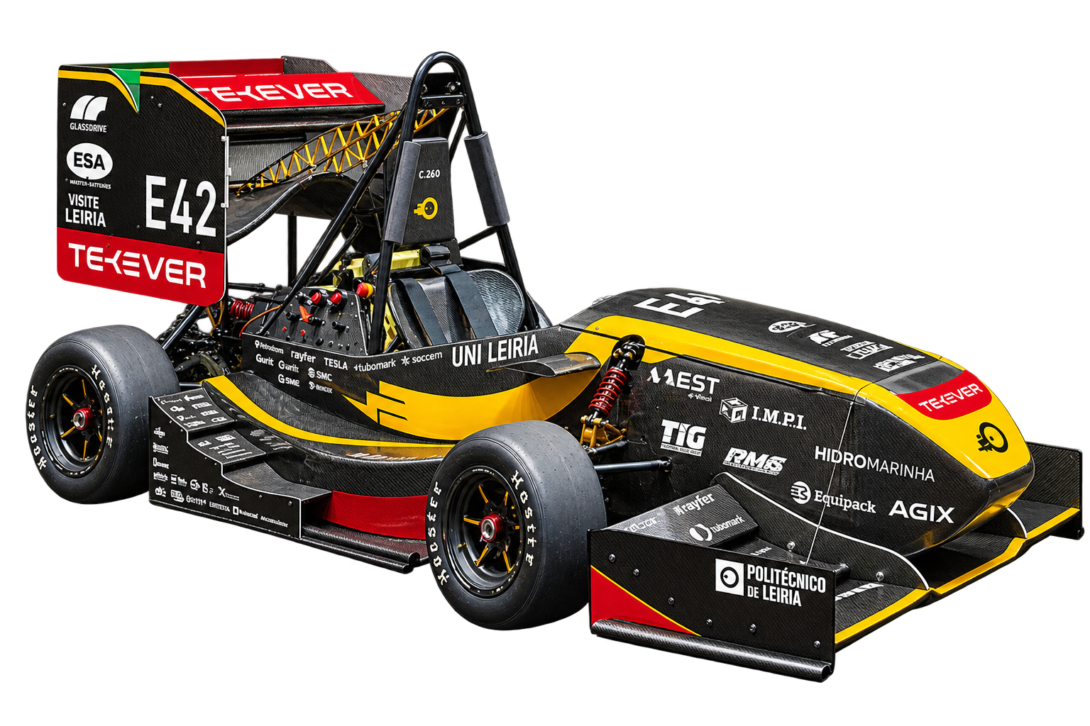 O TEK-26e, monolugar elétrico da Formula Student LART, em vista de três quartos.