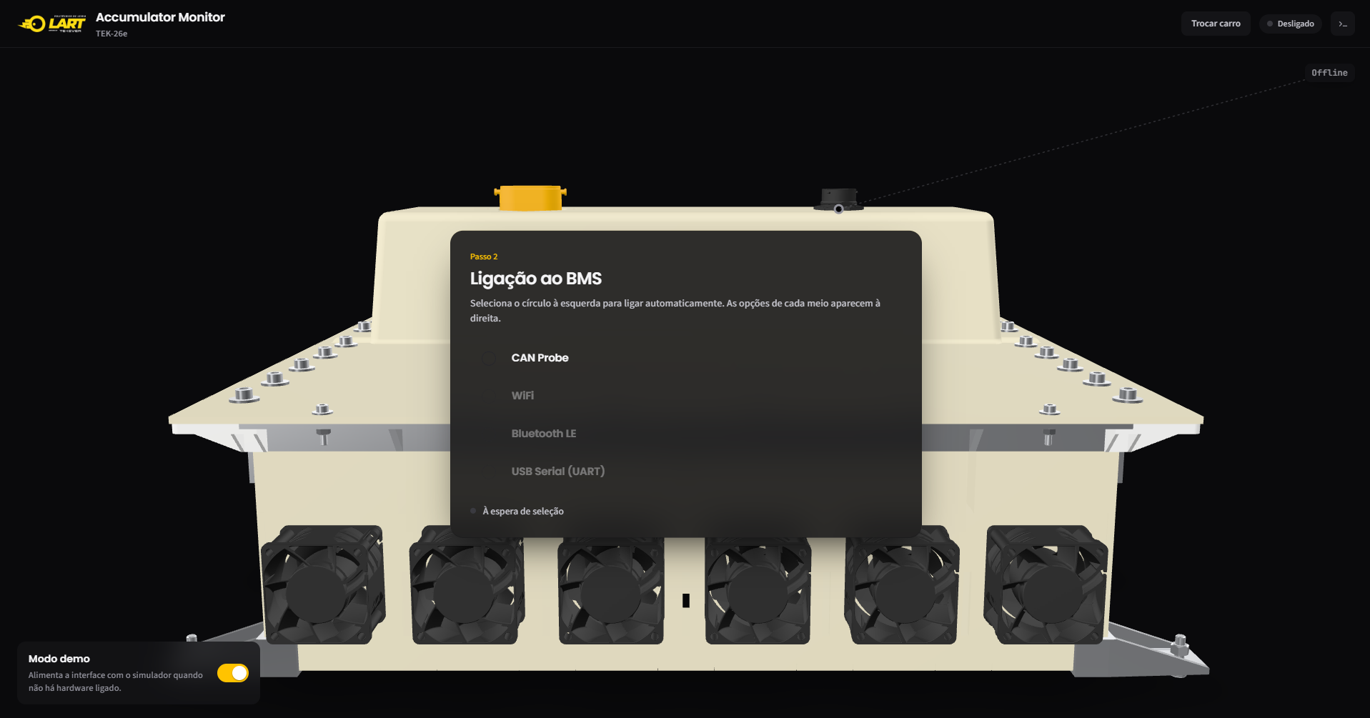 Ecrã de ligação da app de Windows: o acumulador em 3D com o painel Ligação ao BMS por cima, a listar CAN Probe, WiFi, Bluetooth LE e USB Serial, e o interruptor do modo demo.